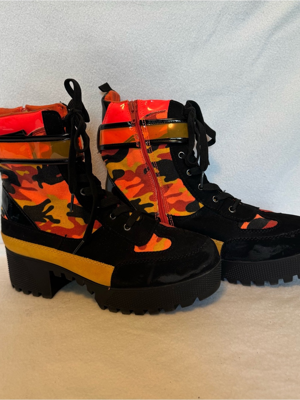Bamboo Orange Combat Boots Chunky Camo Lug Sole Cyberpunk Tactical LaceUp Sz 10